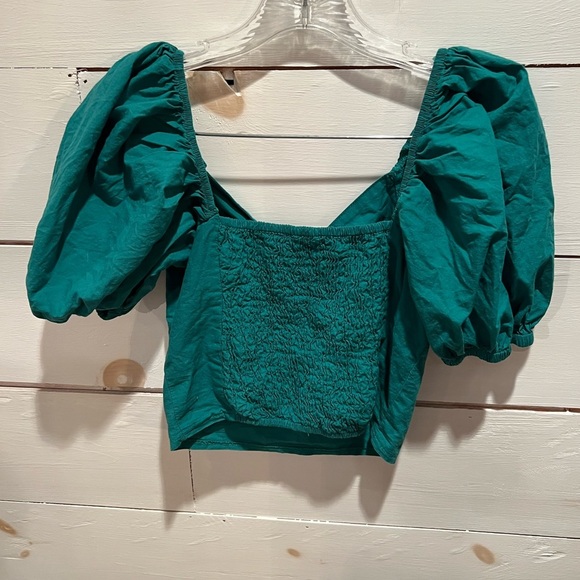 Sim & Sam ruched cropped Teal Puff Sleeve Top, size small, EUC, summer, colorful - Picture 2 of 8
